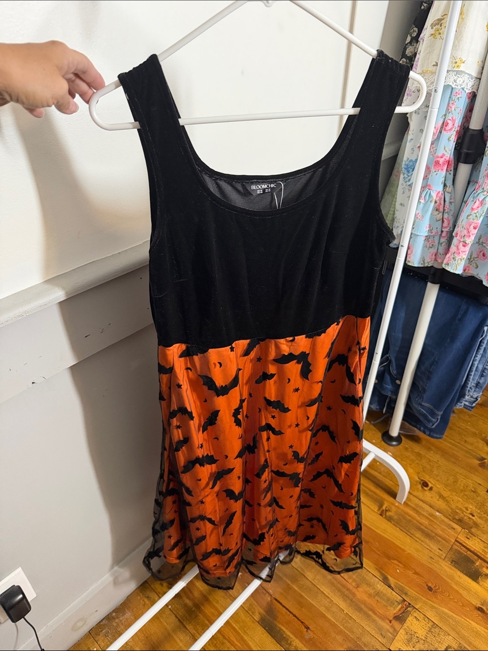 BloomChic Black & Orange Bat-Print Sleeveless Dress